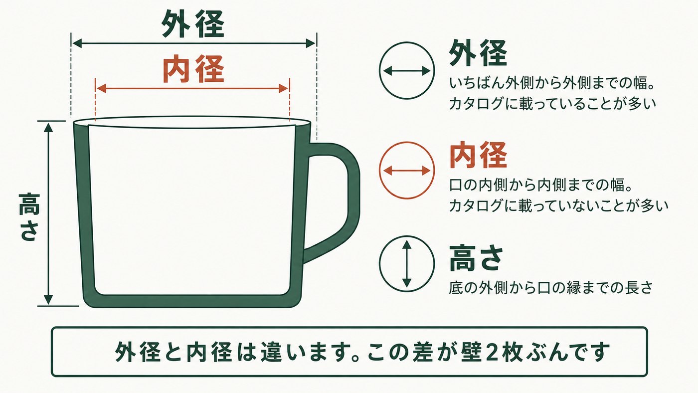 外径と内径はどこを測るか。マグカップの図に3つの寸法線。上部の外側から外側までが「外径」＝いちばん外側から外側までの幅で、カタログに載っていることが多い。その内側、口の内側から内側までが「内径」で、カタログに載っていないことが多い。左に縦の矢印で「高さ」＝底の外側から口の縁までの長さ。いちばん下に「外径と内径は違います。この差が壁2枚ぶんです」